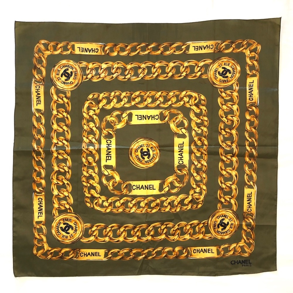 Green Gold Chain & Logo Fashion Scarf
